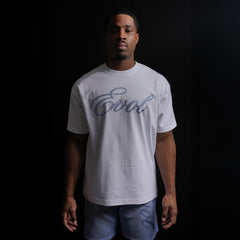 EVOL BLUE SCRIPT RHINESTONE TEE - WHITE
